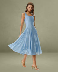 Blue Square Neck A-Line Sleeveless Midi Dress