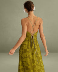 Green Floral Ruched Backless Maxi Slip Dress