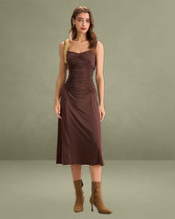 Women's Brown Ruched Knitted Slip Midi Dress