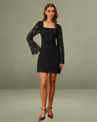 Black Lace Bell Sleeve A-Line Mini Dress