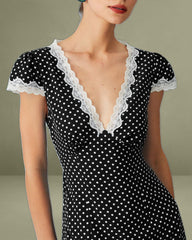 Black Polka Dot Lace Trim Maxi Dress