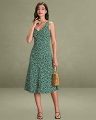 The Green V Neck Floral Button Midi Dress