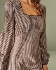Brown Plaid Square Neck A-line Mini Dress
