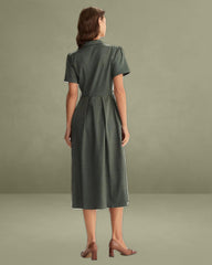 Green V Neck Pleated Button Midi Dress