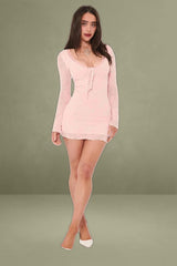 Pink Bodycon Dress Mini Long Sleeve Burnout
