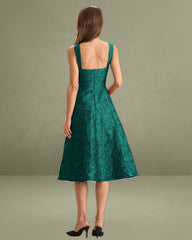 Green Sweetheart Neck Jacquard Midi Dress