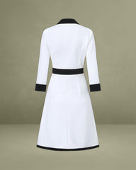 White Contrasting V Neck Button Midi Dress