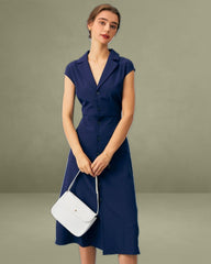 The Navy V Neck Button Cap Sleeve Midi Dress