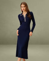 Blue Contrasting Button Sweater Dress