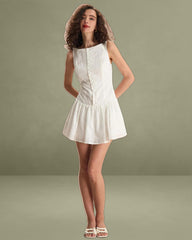 Women's White Boat Neck Jacquard Cotton Mini Dress