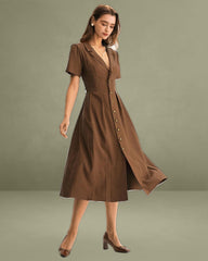 Brown Pleated A-Line Midi Dress