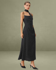 Black Polka Dot Cowl Neck Slip Maxi Dress