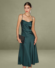 Green Satin Cowl Neck Slip Midi Dress