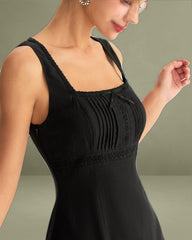 Black Square Neck Ruched Slip Midi Dress