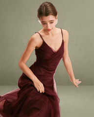 The Wine Red V Neck Mesh Wrap Maxi Dress