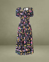 Black Floral Square Neck Shirred Maxi Dress