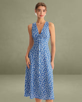 Blue Floral V Neck Sleeveless Midi Dress