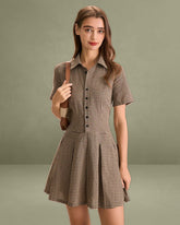 Brown Plaid Lapel Pleated Mini Dress