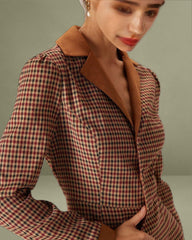 Brown Plaid Spliced Suede Mini Dress