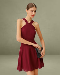 Wine Red Chiffon A-Line Sleeveless Mini Dress