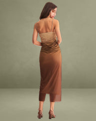 Brown Ruched Mesh Slip Midi Dress