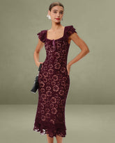 Wine Red Floral Mermaid Midi Dress