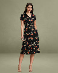 Black Floral Button A-Line Midi Dress