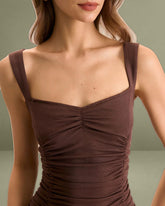 Women's Brown Ruched Knitted Slip Midi Dress