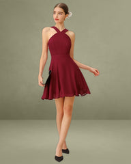 Wine Red Chiffon A-Line Sleeveless Mini Dress