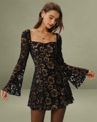 Black Transparent Bell Sleeve Mini Dress