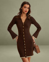 Brown Bodycon Button Sweater Dress