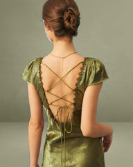 Green Jacquard Cap Sleeve Satin Midi Dress