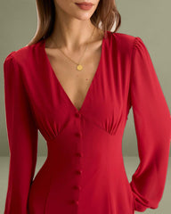 Women's Red V-Neck Puff Sleeve Slit Midi Dress