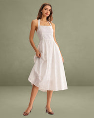 White Embroidery Halter Midi Dress