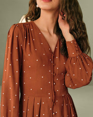 Brown Polka Dot Pleated Midi Dress
