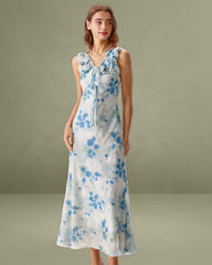 Blue Floral Ruffle V Neck Sleeveless Midi Dress