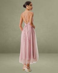 Pink Mesh Flowy Slip Midi Dress