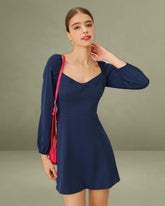 Navy Puffed Sleeve A-Line Mini Dress