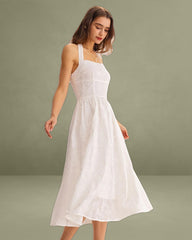 White Embroidery Halter Midi Dress