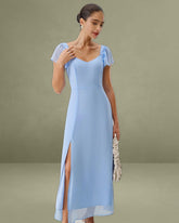 Blue Sweetheart Neck Chiffon Maxi Dress