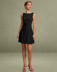 The Black Boat Neck High Waisted Mini Dress