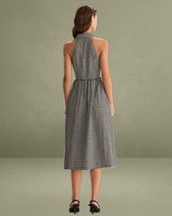 Black Plaid Sleeveless Button Midi Dress