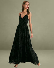 The Black Floral Flocked Mesh Slit Maxi Dress