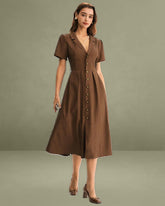 Brown Pleated A-Line Midi Dress