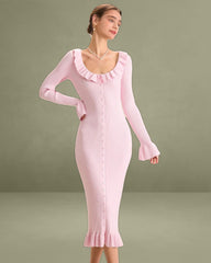 Women's Pink U-Neck Ruffle Bodycon Sweater Dress