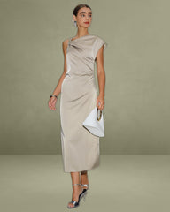 Grey Cowl Sleeve Asymmetrical Satin Midi Dress