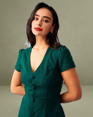 The Dark Green V Neck Button-up Shirt Mini Dress