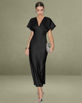 Black Satin V Neck Cowl Sleeve Midi Dress