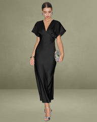 Black Satin V Neck Cowl Sleeve Midi Dress