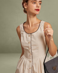 The Khaki Round Neck A-Line Midi Dress